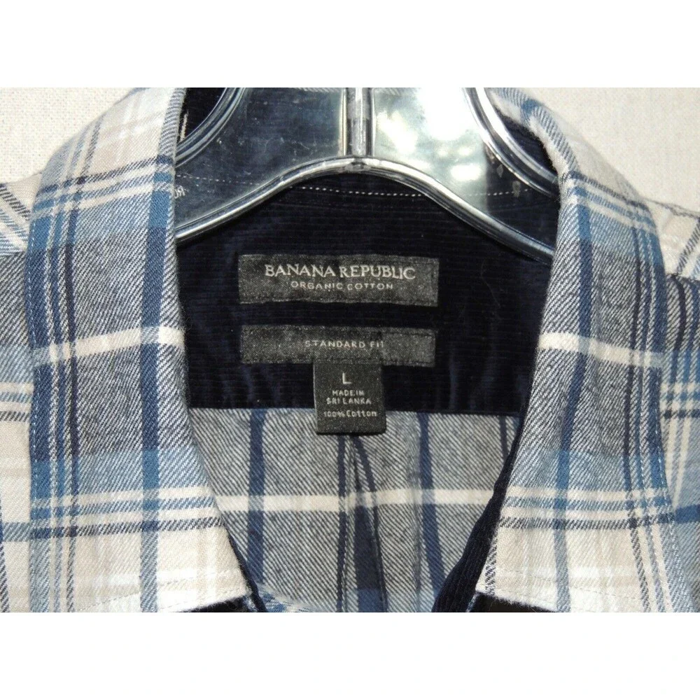 Banana Republic Flannel Shirt‎ Mens Large Blue Plaid Elbow Patch Organic Cotton